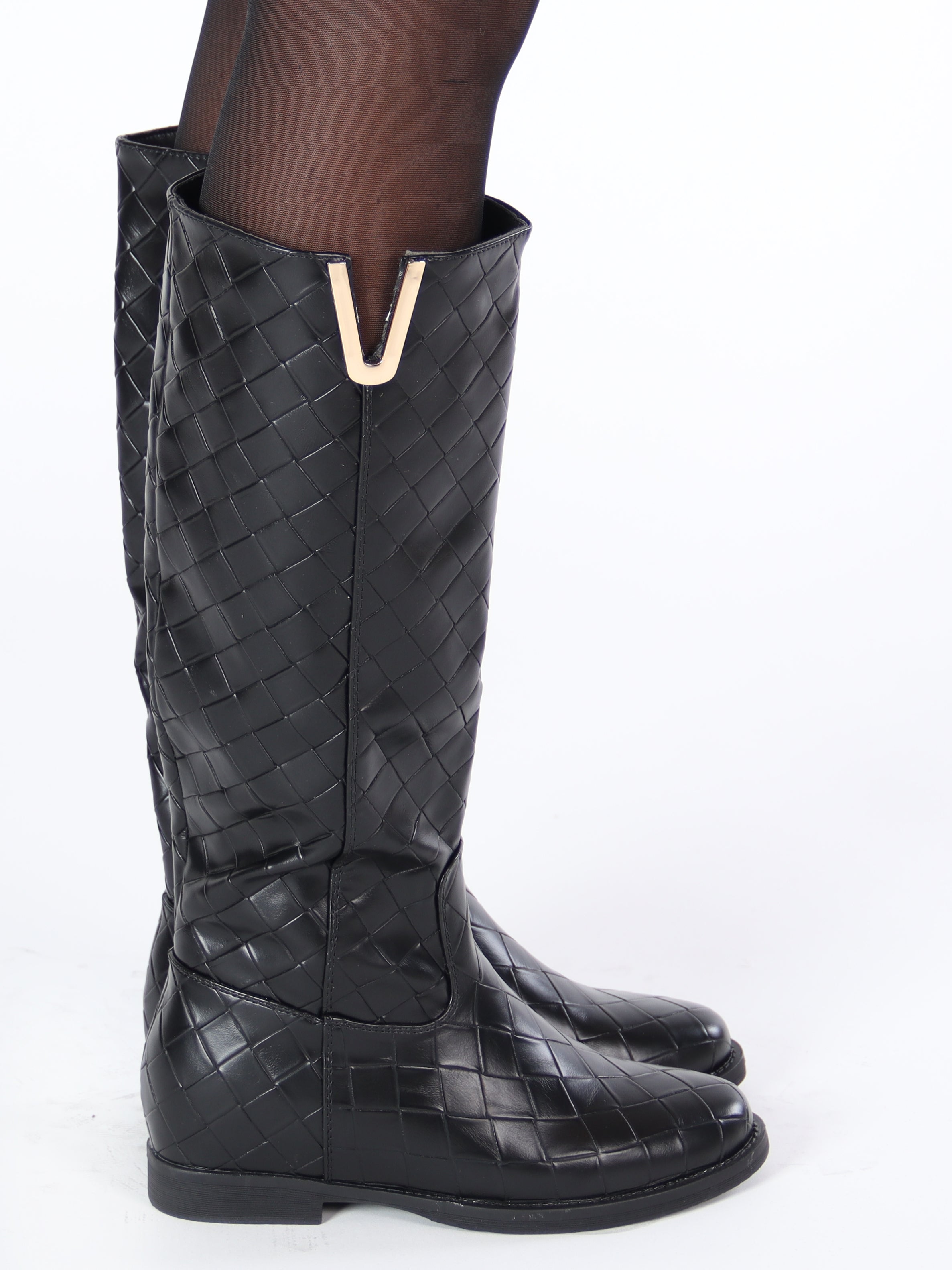 Noor - Sorte støvler med langt skaft og guld detalje